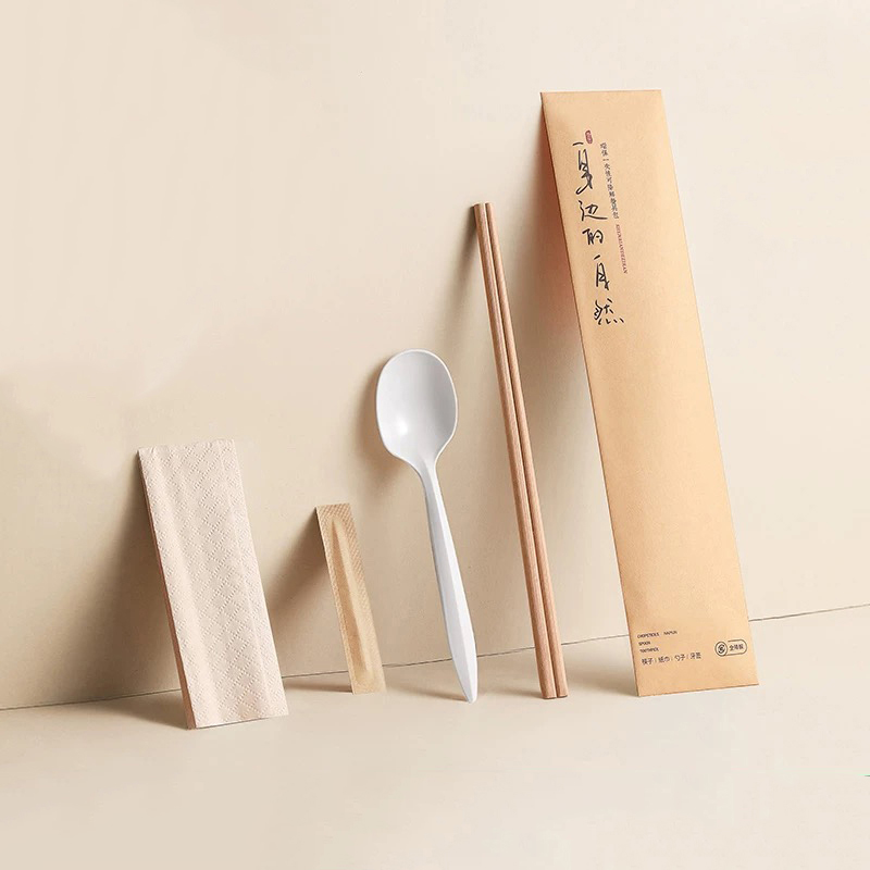 Set Penyepit Buluh Pakai Gaya Baharu Dengan Sudu /Napkin/Pencungkil Gigi Set Filem Kertas Boleh Degradasi